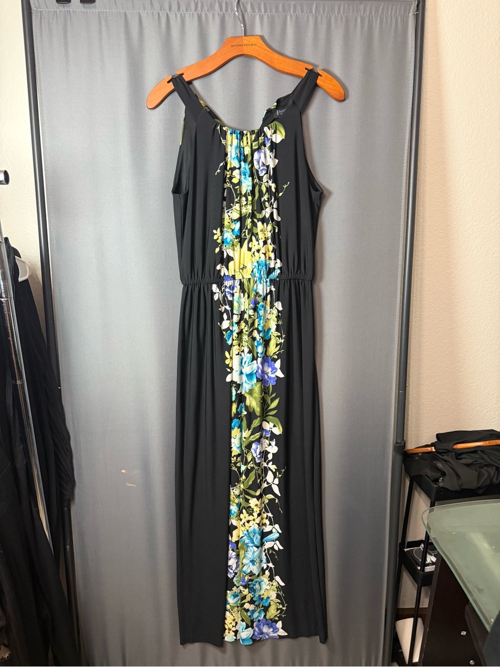 Enfocus Studio Black Maxi Dress with Blue and Yellow Floral Panel